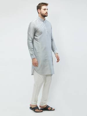 irin Grey Poly Viscose Full Sleeves Solid Mandarin Kurta Churidar Set For Men 3