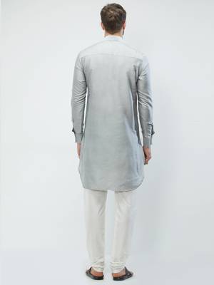 irin Grey Poly Viscose Full Sleeves Solid Mandarin Kurta Churidar Set For Men 4