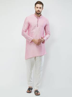 irin Pink Poly Viscose Full Sleeves Solid Mandarin Kurta Churidar Set For Men 1