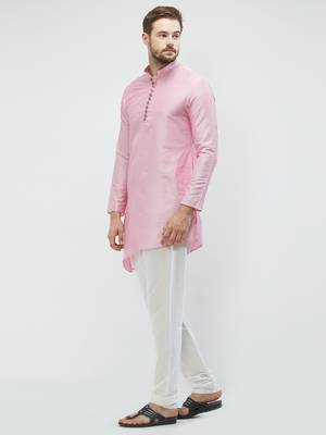 irin Pink Poly Viscose Full Sleeves Solid Mandarin Kurta Churidar Set For Men 2