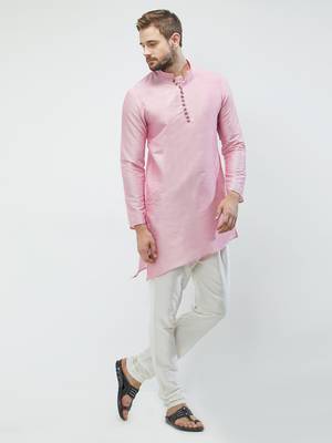 irin Pink Poly Viscose Full Sleeves Solid Mandarin Kurta Churidar Set For Men 3