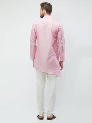 irin Pink Poly Viscose Full Sleeves Solid Mandarin Kurta Churidar Set For Men 4