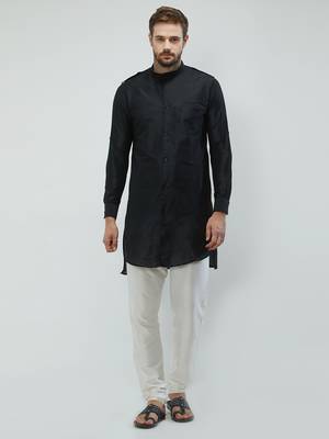 irin Black Poly Viscose Full Sleeves Solid Mandarin Kurta Churidar Set For Men 1