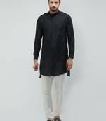 irin Black Poly Viscose Full Sleeves Solid Mandarin Kurta Churidar Set For Men