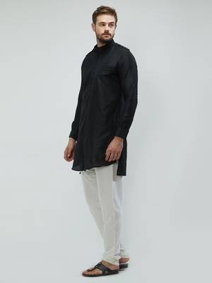 irin Black Poly Viscose Full Sleeves Solid Mandarin Kurta Churidar Set For Men 2
