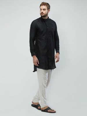 irin Black Poly Viscose Full Sleeves Solid Mandarin Kurta Churidar Set For Men 3