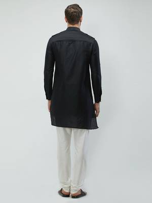 irin Black Poly Viscose Full Sleeves Solid Mandarin Kurta Churidar Set For Men 4