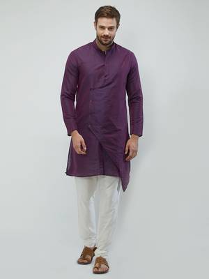 irin Purple Poly Viscose Full Sleeves Solid Mandarin Kurta Churidar Set For Men 1