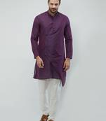 irin Purple Poly Viscose Full Sleeves Solid Mandarin Kurta Churidar Set For Men