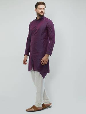 irin Purple Poly Viscose Full Sleeves Solid Mandarin Kurta Churidar Set For Men 2