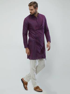 irin Purple Poly Viscose Full Sleeves Solid Mandarin Kurta Churidar Set For Men 3