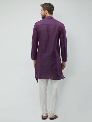irin Purple Poly Viscose Full Sleeves Solid Mandarin Kurta Churidar Set For Men 4