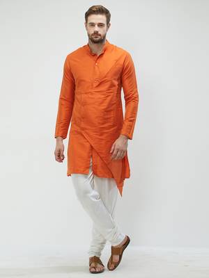 irin Orange Poly Viscose Full Sleeves Solid Mandarin Kurta Churidar Set For Men 1