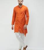 irin Orange Poly Viscose Full Sleeves Solid Mandarin Kurta Churidar Set For Men