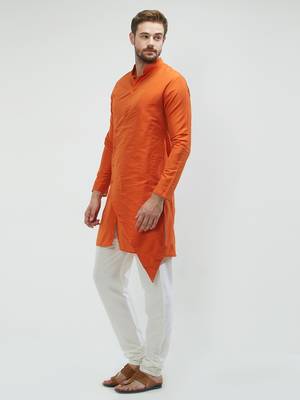 irin Orange Poly Viscose Full Sleeves Solid Mandarin Kurta Churidar Set For Men 2