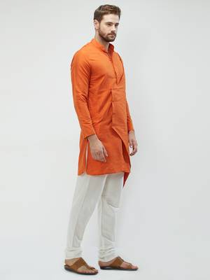 irin Orange Poly Viscose Full Sleeves Solid Mandarin Kurta Churidar Set For Men 3