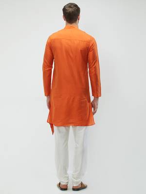 irin Orange Poly Viscose Full Sleeves Solid Mandarin Kurta Churidar Set For Men 4