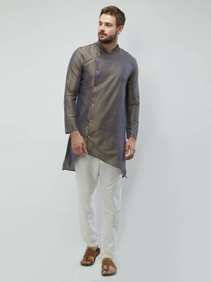 irin Dark Grey Poly Viscose Full Sleeves Solid Mandarin Kurta Churidar Set For Men 1