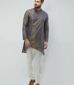 irin Dark Grey Poly Viscose Full Sleeves Solid Mandarin Kurta Churidar Set For Men