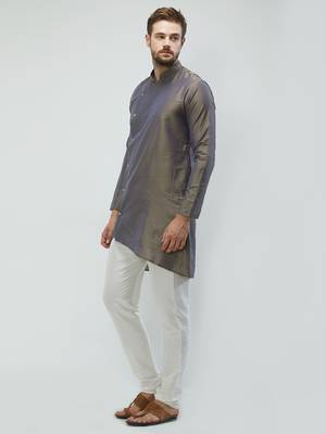 irin Dark Grey Poly Viscose Full Sleeves Solid Mandarin Kurta Churidar Set For Men 2