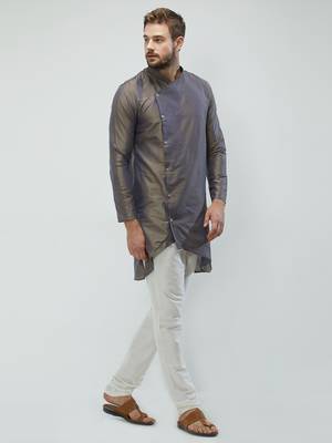 irin Dark Grey Poly Viscose Full Sleeves Solid Mandarin Kurta Churidar Set For Men 3