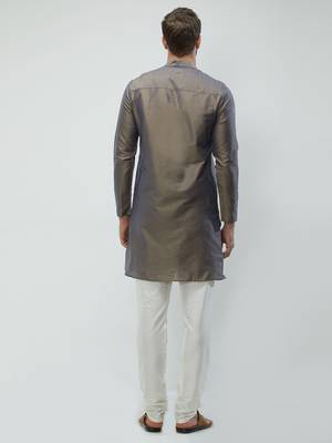 irin Dark Grey Poly Viscose Full Sleeves Solid Mandarin Kurta Churidar Set For Men 4