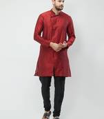 irin Maroon Poly Viscose Full Sleeves Solid Mandarin Kurta Churidar Set For Men
