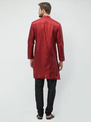 irin Maroon Poly Viscose Full Sleeves Solid Mandarin Kurta Churidar Set For Men 4