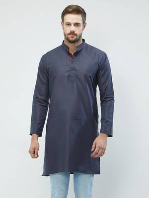 irin Dark Blue Poly Cotton Full Sleeves Solid Mandarin Kurta For Men 1
