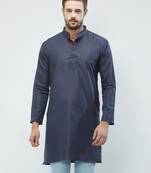 irin Dark Blue Poly Cotton Full Sleeves Solid Mandarin Kurta For Men