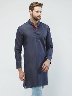 irin Dark Blue Poly Cotton Full Sleeves Solid Mandarin Kurta For Men 3