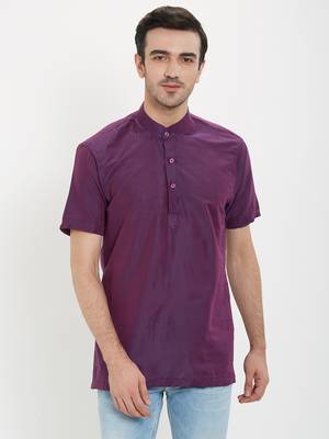 irin Purple Poly Viscose Half Sleeves Solid Mandarin Short Kurta For Men 1