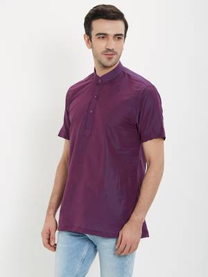 irin Purple Poly Viscose Half Sleeves Solid Mandarin Short Kurta For Men 2