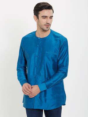 irin Blue Poly Viscose Full Sleeves Solid Round Neck Short Kurta For Men 1