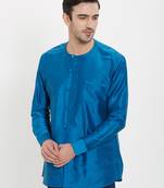 irin Blue Poly Viscose Full Sleeves Solid Round Neck Short Kurta For Men