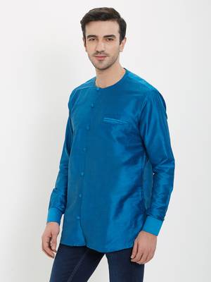 irin Blue Poly Viscose Full Sleeves Solid Round Neck Short Kurta For Men 2