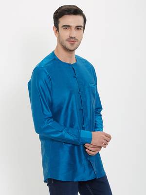 irin Blue Poly Viscose Full Sleeves Solid Round Neck Short Kurta For Men 3