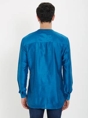 irin Blue Poly Viscose Full Sleeves Solid Round Neck Short Kurta For Men 4