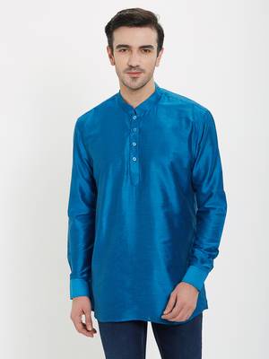 irin Blue Poly Viscose Full Sleeves Solid Mandarin Short Kurta For Men 1