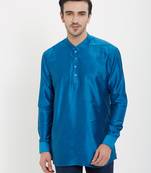 irin Blue Poly Viscose Full Sleeves Solid Mandarin Short Kurta For Men