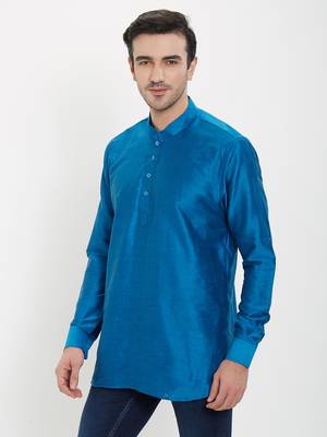 irin Blue Poly Viscose Full Sleeves Solid Mandarin Short Kurta For Men 2