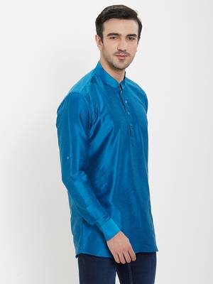 irin Blue Poly Viscose Full Sleeves Solid Mandarin Short Kurta For Men 3