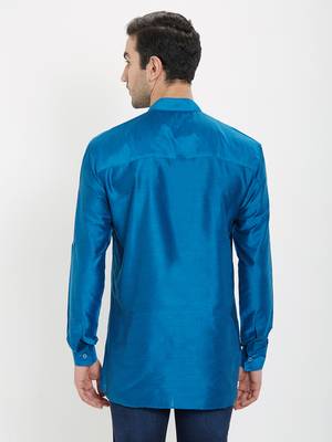 irin Blue Poly Viscose Full Sleeves Solid Mandarin Short Kurta For Men 4