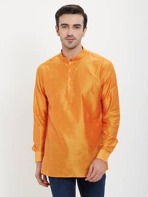 irin Saffron Poly Viscose Full Sleeves Solid Mandarin Short Kurta For Men 1