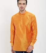 irin Saffron Poly Viscose Full Sleeves Solid Mandarin Short Kurta For Men