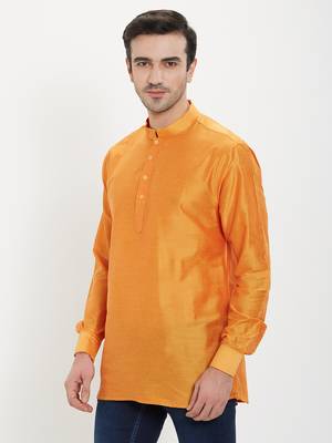 irin Saffron Poly Viscose Full Sleeves Solid Mandarin Short Kurta For Men 2