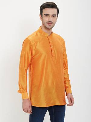 irin Saffron Poly Viscose Full Sleeves Solid Mandarin Short Kurta For Men 3