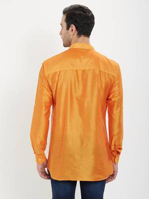 irin Saffron Poly Viscose Full Sleeves Solid Mandarin Short Kurta For Men 4