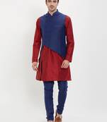 irin Poly Viscose Ethnic Set Of Navy Blue Koti (Waistcoat), Maroon and Navy Blue Kurta Churidar For Men