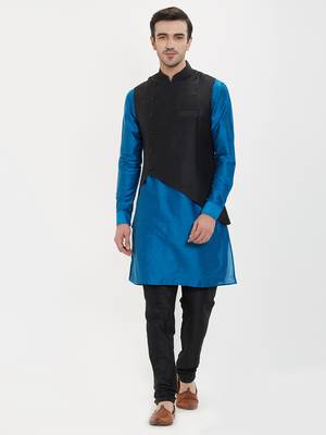 irin Poly Viscose Ethnic Set Of Black Koti (Waistcoat), Blue and Black Kurta Churidar For Men 1